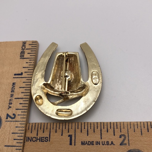 B.J. VTGHorseshoe St. Patrick's Day Green Rhinestones, Enamel & Gold tone Pin - Picture 5 of 7